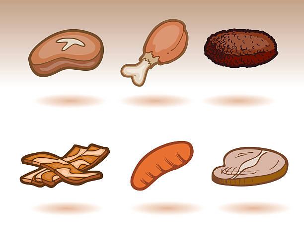 Meat Icons Meat Icons show different cuts of meat.  These include roast, chicken leg, hamburger, bacon, hot dog, and steak. roasted prime rib illustrations stock illustrations