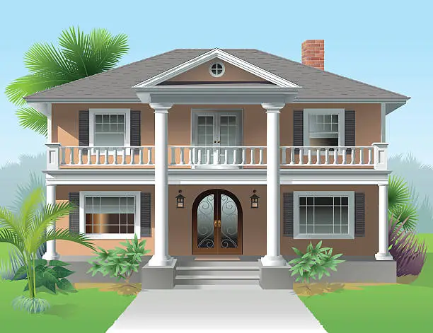 Vector illustration of Big Orange House Landscaped