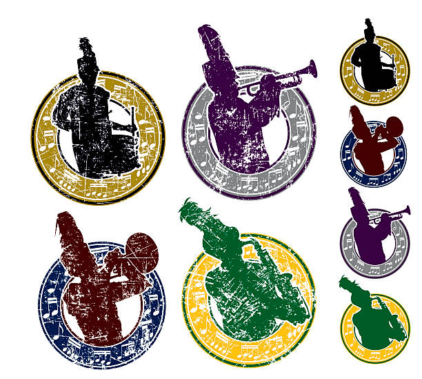 Marching Band with Musical Notes and Grunge Graphics Marching band. Tight graphic silhouette illustrations of the Marching Band. Drummer, Mellophone, Trumpet and Saxophone. Use with or without the grunge. Scale to any size. Check out my "Marching Band Vector" light box for more. pics of a marching band stock illustrations