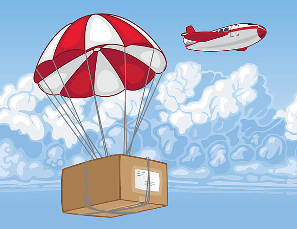 Airmail depicts a package dropping from an airplane.  The package is wrapped with a parachute.  There is a background of cloudscape.