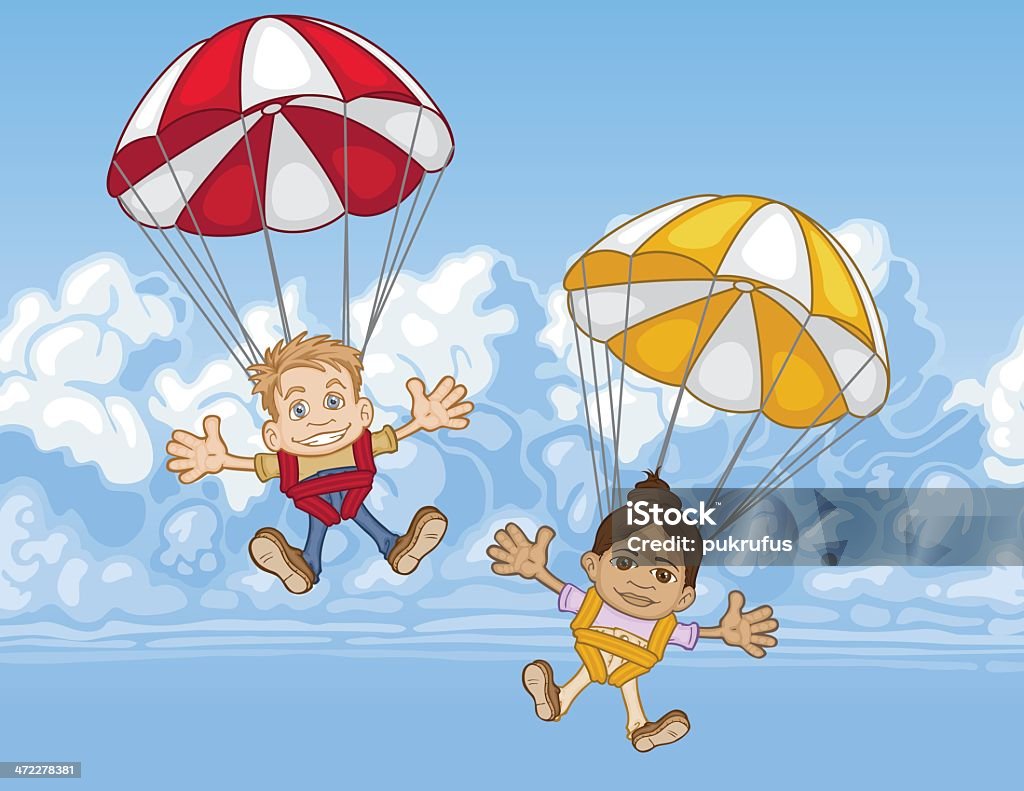 Parachute Kids Shown are two children, a boy and a girl, floating through the sky in parachutes.  The boy has a red and white chute, and the girl has a yellow and white chute.  The is blue cloudscape in the background.  The kids are smiling. Parachuting stock vector