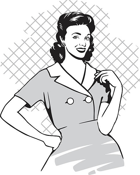 vintage housewife A retro vintage illustration of a woman Stereotypical Housewife 60s style dresses stock illustrations