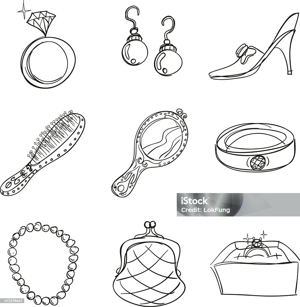 Accessories collection in sketch style Sketch drawing of accessories. Ring - Jewelry stock vector