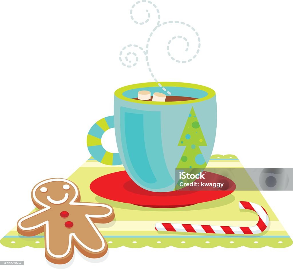 Computer illustration of holiday treats with hot chocolate A hot cup of cocoa, gingerbread man and a candy cane for the holidays. Editable vector file with no gradients. Hot Chocolate stock vector