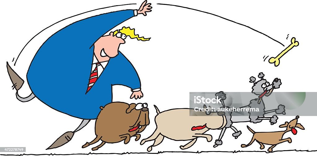 Dogs Man trowing a bone for 4 dogs. Freestanding illustration,easy to place on a coloured background. Abstract stock vector