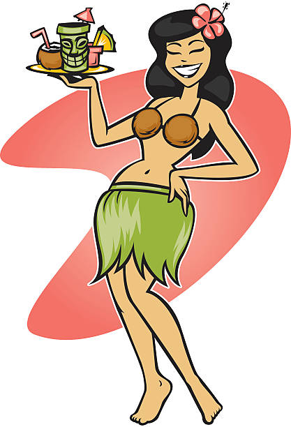 hula girl waitress cartoon hula girl with tray of cocktails hula dancer stock illustrations