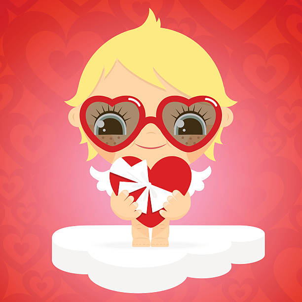 illustrazioni stock, clip art, cartoni animati e icone di tendenza di piccolo carino cupido con apertura il giorno di san valentino regalo. ti amo - humor inspiration angel child