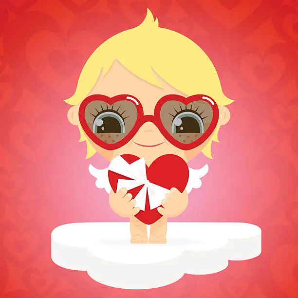 Vector illustration of Little cute cupid with Valentine´s Day gift. I love you