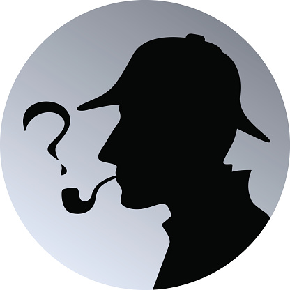 silhouette of a man with a pipe and hat and with smoke in the form of a question mark / private investigator