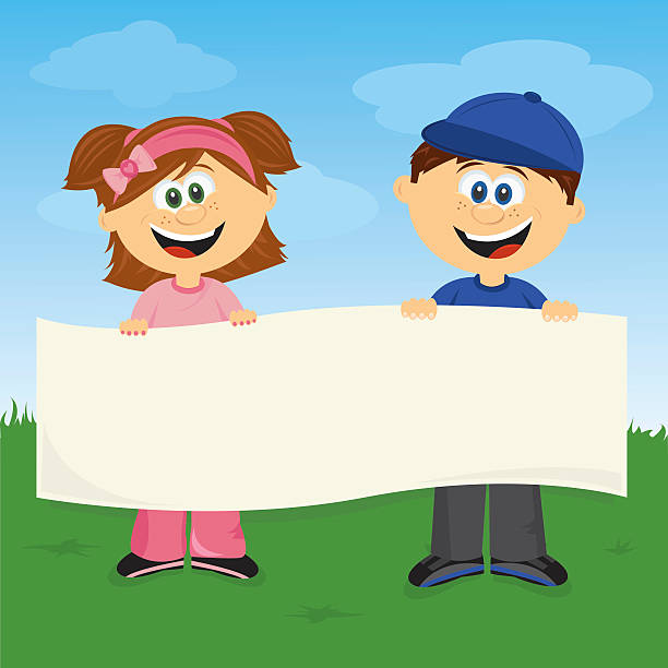 ilustrações de stock, clip art, desenhos animados e ícones de engraçado menina e menino segurar banner para o seu texto - pigtails placard child holding