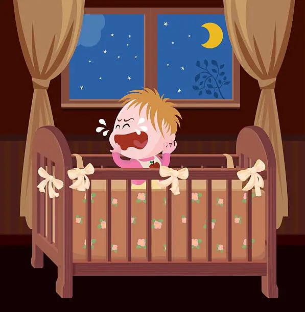 Vector illustration of Baby wakeup and crying at midnight