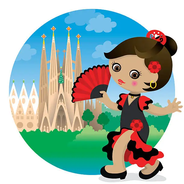 Vector illustration of Flamenco girl en Sagrada Familia