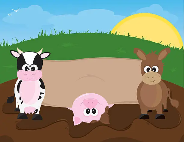 Vector illustration of Cute Farm Animals with Banner for Your Text