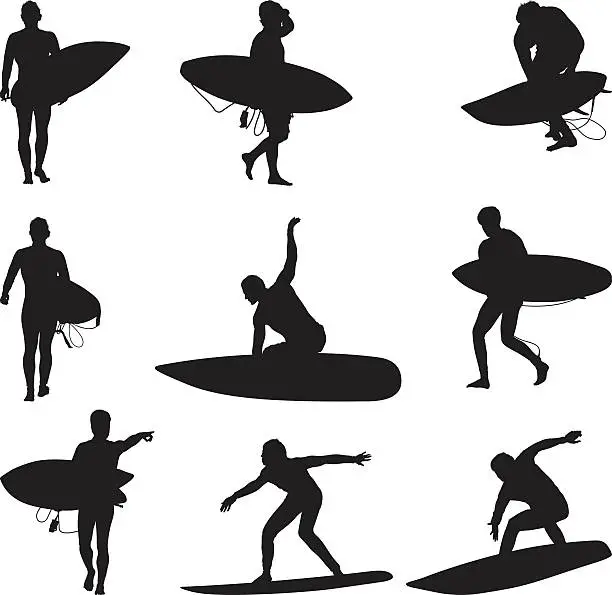 Vector illustration of Surfer people surfing and carrying surfboards