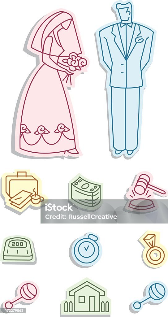 Marriage and starting a life Vector illustration of a bride and groom along with icons to represent starting a new life together. Children, work, time, money, home, health, weight, a ring and the law. Currency stock vector