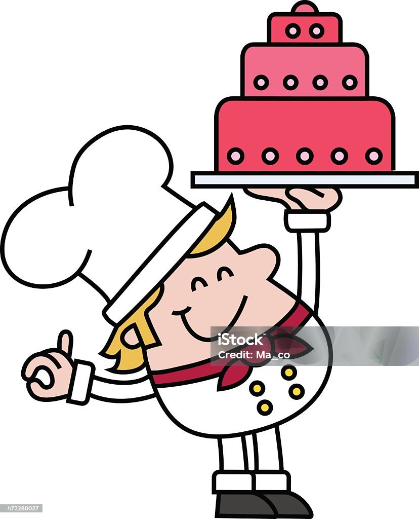 confectioner with cake vector drawing of a smiling confectioner with a Cake in his hand Baked stock vector