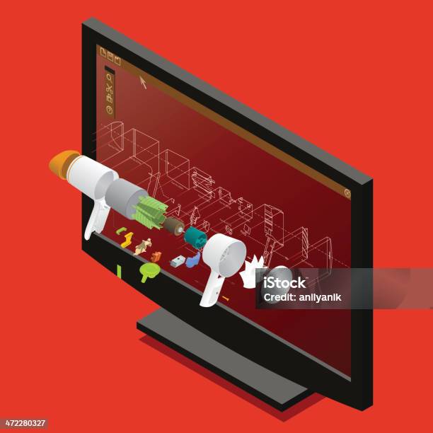 Monitor De Computador Mostrando 3d Cad Hairdryer Conjunto - Arte vetorial de stock e mais imagens de Design assistido por computador