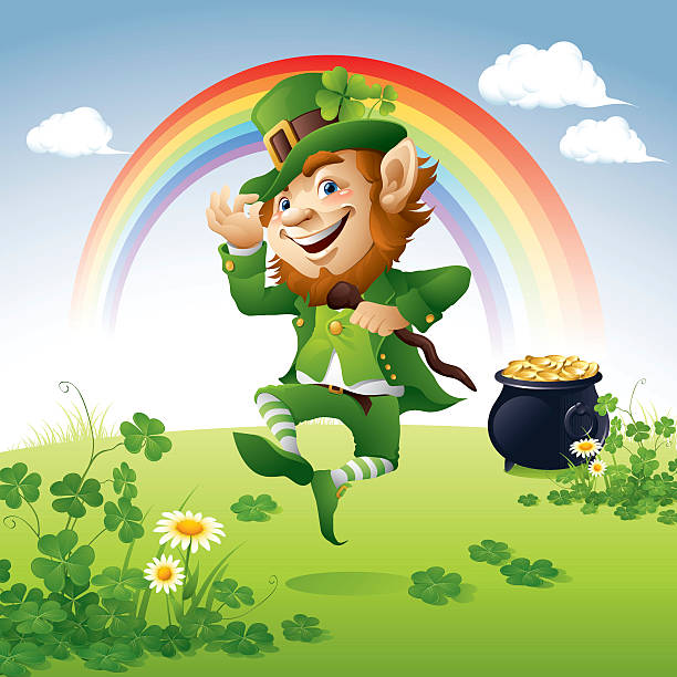 Happy St. Patrick's Day - joyful leprechaun on clover green field leprechaun stock illustrations