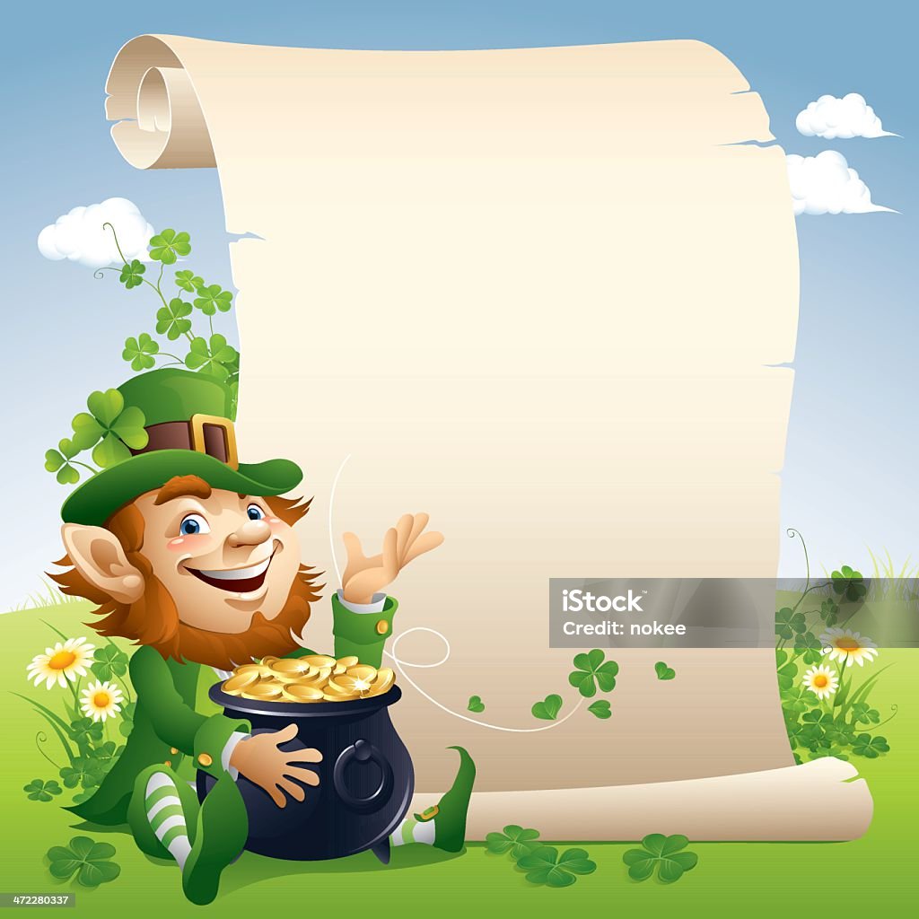 Leprechaun - Scroll - joyful leprechaun with scroll Leprechaun stock vector