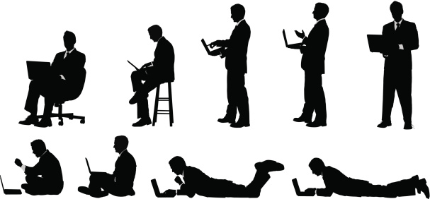Businessman working on laptop sitting standing and lying downhttp://www.twodozendesign.info/i/1.png