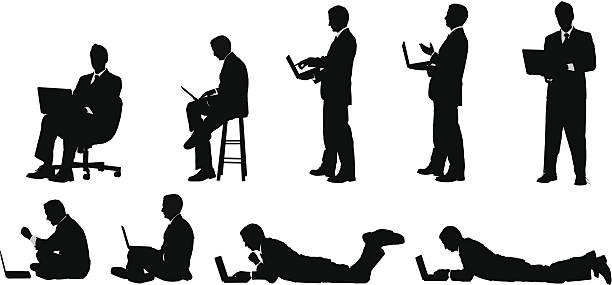 Businessman working on laptop sitting standing and lying down Businessman working on laptop sitting standing and lying downhttp://www.twodozendesign.info/i/1.png computer silhouettes stock illustrations