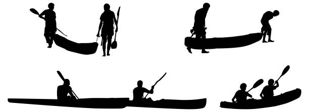 illustrazioni stock, clip art, cartoni animati e icone di tendenza di kayaking modelli - silhouette kayaking kayak action