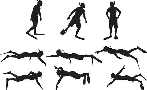 ilustraciones, imágenes clip art, dibujos animados e iconos de stock de siluetas de hombre con esnórquel - silhouette swimming action adult