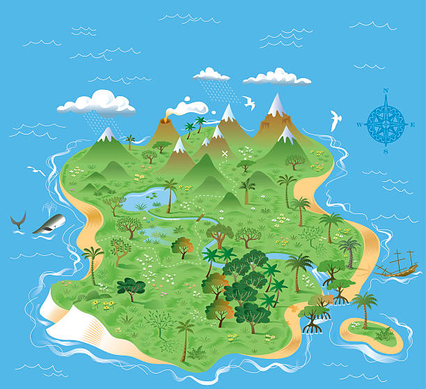 ilustraciones, imágenes clip art, dibujos animados e iconos de stock de ilustra la isla del tesoro - mapa ilustraciones