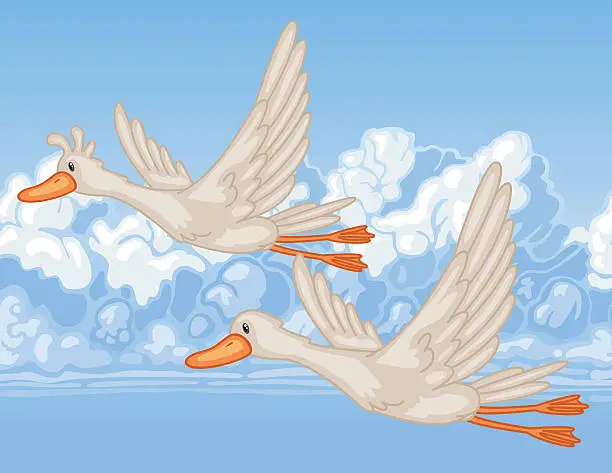 Vector illustration of Hello Ducks in Flight