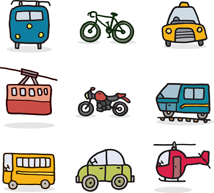 A set of doodle icons relating to modes of transport.