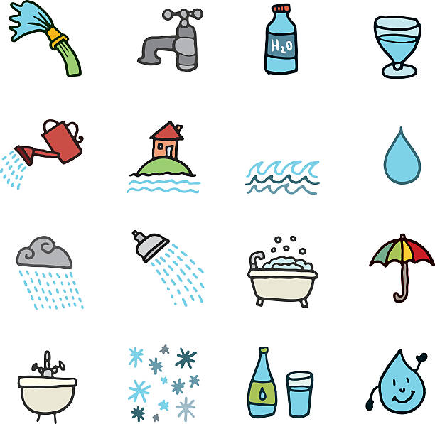 ilustrações, clipart, desenhos animados e ícones de doodle ícone conjunto de água - drop faucet water sink