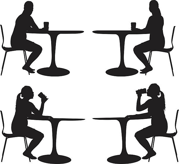 Woman sitting alone at table drinking Woman sitting alone at table drinkinghttp://www.twodozendesign.info/i/1.png restaurant table side view stock illustrations