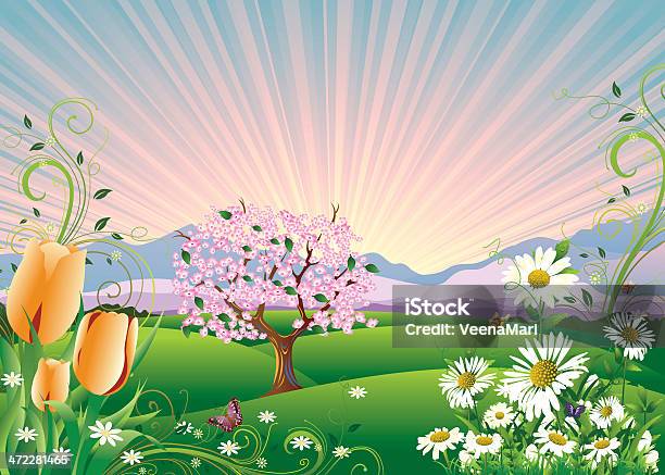 Frühling Hintergrund Stock Vektor Art und mehr Bilder von Baum - Baum, Baumblüte, Berg