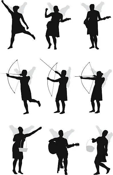 Vector illustration of Angels with guitars bow and arrows or baskets