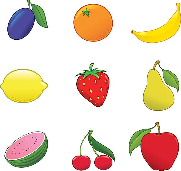 Fruits Vector illustration of 9 different fruits isolated on white background. Each fruit is grouped and placed on separate layer. Linear gradients only. Document color mode: CMYK. chandler strawberry stock illustrations