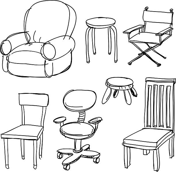 Chairs collection in black and white Sketch Drawing of chairs in sketch style, black an white chair illustrations stock illustrations