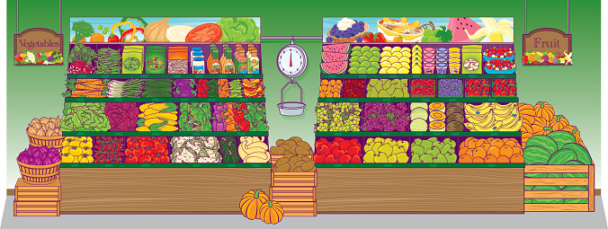 Grocery store produce with healthy vegetables and fruits.  CS2 & high res JPEG. Please see my lightboxes for other food illustrations!