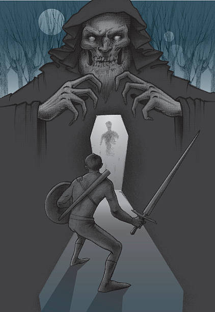 illustrations, cliparts, dessins animés et icônes de swords homme et assistant, la revanche des casket moon. couverture - wizard horror spooky knight