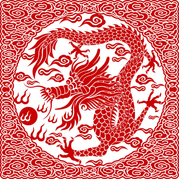 ilustrações de stock, clip art, desenhos animados e ícones de dragão chinês papel-arte corte - dragon chinese dragon china chinese ethnicity