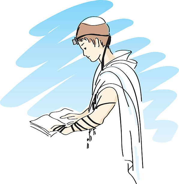 Bar-mitzvah boy A line art illustration of a jewish bar-mitzvah boy, wearing tallit (Jewish prayer shawl), yarmulke and tefillin, and reading from the siddur (prayers book). jewish prayer shawl stock illustrations