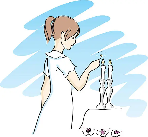 Vector illustration of Bat-mitzvah girl lighting the Shabbat candles