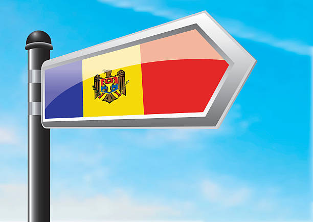 Destination: Moldova Flag of  Moldova on a signpost on gradient mesh blue sky background for visa, immigration and travel agencies, language schools and other relevant institutions. moldovan flag stock illustrations