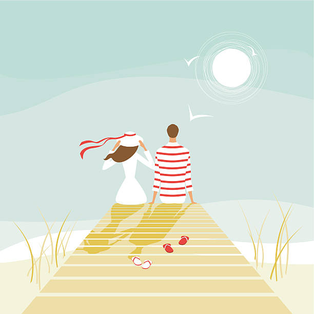 Summer lovers on a wharf vector art illustration