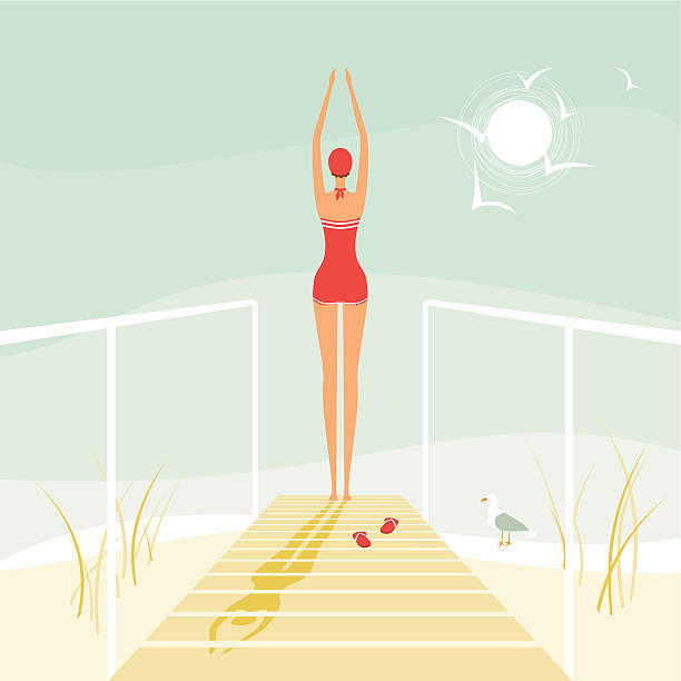 Beach scene with retro swimmer woman ready to dive off a springboard.