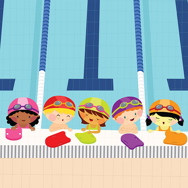 illustrazioni stock, clip art, cartoni animati e icone di tendenza di lezioni di nuoto per bambini - cheerful swimming pool happiness resort swimming pool