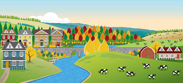 Country Town Panorama Rural panorama scene of a country town with surrounding pastureland and river. Illustration includes houses, trees, cows, farm house, pastures and fields, with a river running through the centre. Artwork on editable and separate layers. Download includes an AI8 EPS vector file and a high resolution JPEG file (min. 1900 x 2800 pixels). landscape stream autumn forest stock illustrations