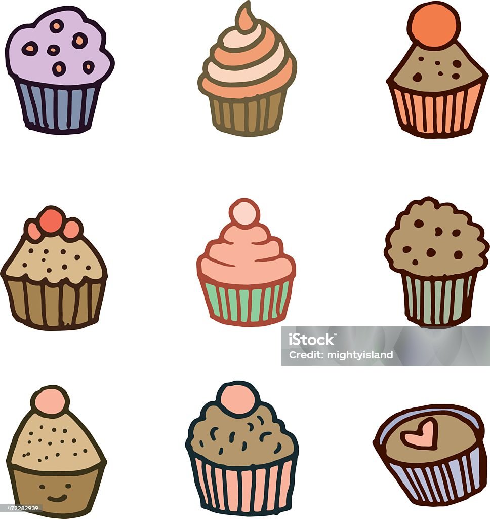 Cupcake doodle icona set - arte vettoriale royalty-free di Cibi e bevande