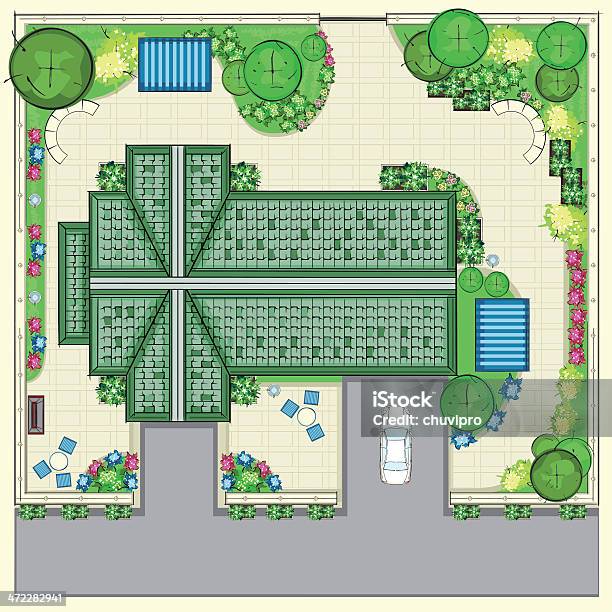 Dom Plan - Stockowe grafiki wektorowe i więcej obrazów Ogródek przydomowy - Ogródek przydomowy, Plan, Teren zielony
