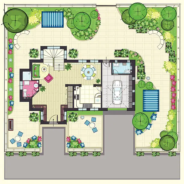 Vector illustration of House plan with a beautiful garden and four lounge zones