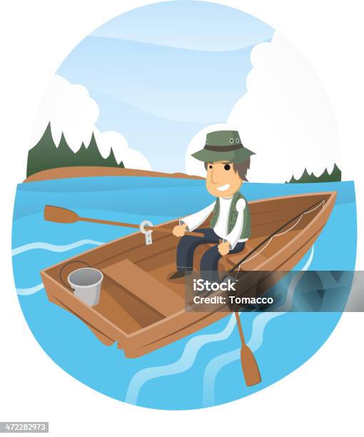 Homem Feliz De Remo De Barco No Lago Pesca - Arte vetorial de stock e mais imagens de Lago - Lago, Adulto, Ao Ar Livre
